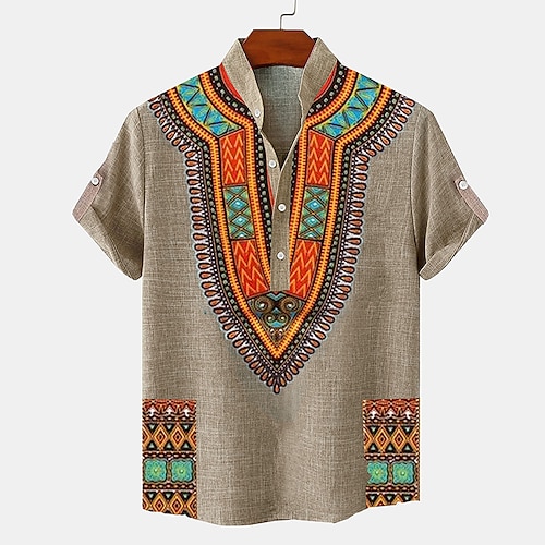 

Men's Ethnic Shirt Holiday Casual Tribal Summer Spring Stand Collar Short Sleeve Blue, Green, Khaki S, M, L 18.6% Linen 63.2% Polyester 18.2% Cellulose Fiber Shirt