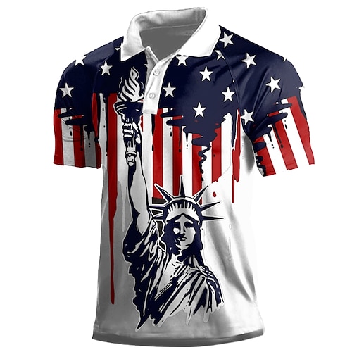 

National Flag Men's Casual 3D Polo Shirt Street Daily Holiday American Polyester Short Sleeve Turndown Polo Shirts White Blue Spring & Summer S M L Micro-elastic Lapel Polo
