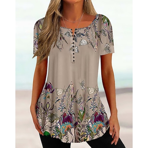 

Women's T shirt Tee Henley Shirt Floral Holiday Weekend Button Print White Short Sleeve Tunic Basic Round Neck
