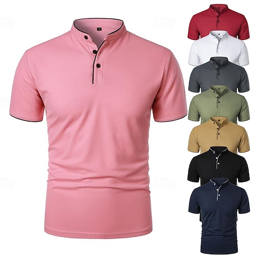 

Men's Golf Shirt Golf Polo Work Casual Stand Collar Short Sleeve Basic Modern Color Block Patchwork Button Spring & Summer Regular Fit Wine Black White Pink Navy Blue Green Golf Shirt