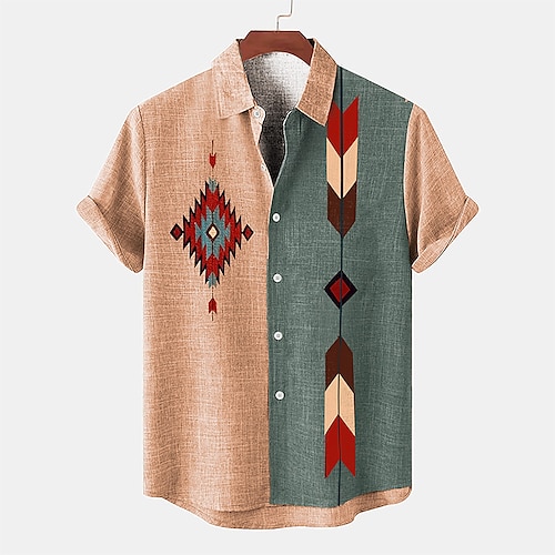 

Men's 18.6% Linen 63.2% Polyester 18.2% Cellulose Fiber Shirt Tribal Southwestern Print Short Sleeve Turndown Pink, Blue, khaki Shirt Daily