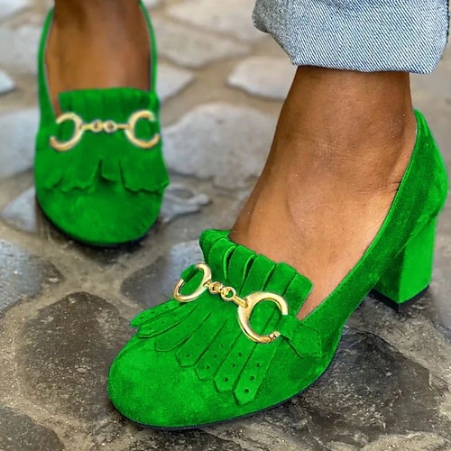 

Women's Vintage Green Suede Loafers with Gold Buckle and Fringe Detailing - Block Heel Shoes for Formal and Casual Occasions