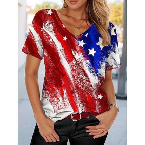 

Жен. Футболка Американский флаг День независимости Повседневные На каждый день С короткими рукавами V-образный вырез Красный Лето