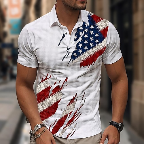 

National Flag Men's Casual Print Waffle Polo Shirt Outdoor Street Casual American Independence Day Polyester Short Sleeve Turndown Polo Shirts White Blue Summer Spring S M L Lapel Polo