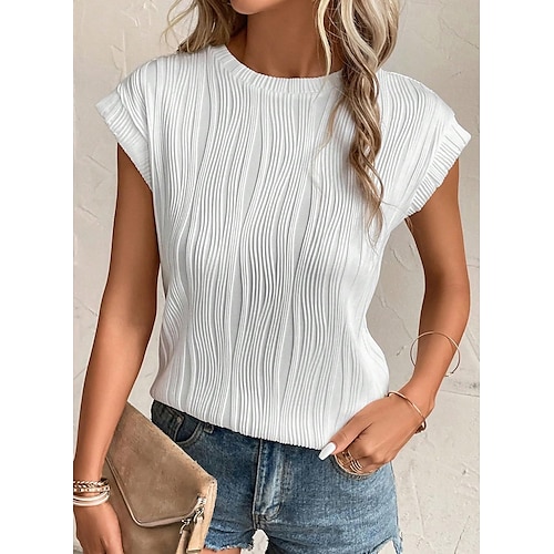 

Women's T shirt Tee Textured Solid Color Daily Stylish Basic Batwing Sleeve Short Sleeve Crew Neck White Summer