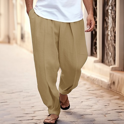 

Men's Linen Pants Trousers Summer Pants Tapered Carrot Pants Beach Pants Front Pocket Pleats Plain Comfort Breathable Casual Daily Holiday 100% Cotton Fashion Basic Black White