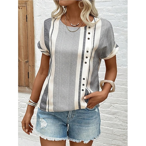 

Women's Tunic Striped Lace Daily Vacation Fashion Short Sleeve Crew Neck Blue Summer