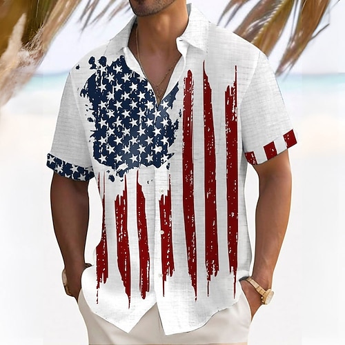 

National Flag Hawaiian Casual Resort Men's Summer Hawaiian Shirt Outdoor Street Casual Summer Spring Turndown Short Sleeves White S, M, L Polyester Shirt American Independence Day