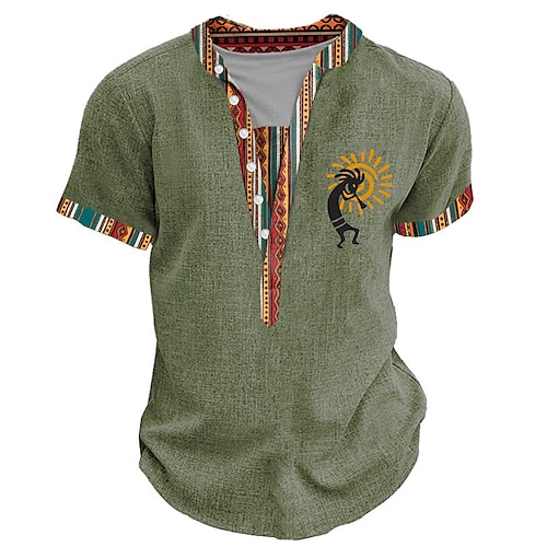 

Kokopelli Spiral Design Tribal Bandana Print Designer Ethnic Men's 3D Print Tee Henley Shirt Casual Daily Holiday T shirt Green Khaki Short Sleeve Henley Shirt Summer Spring Clothing Apparel S-3XL