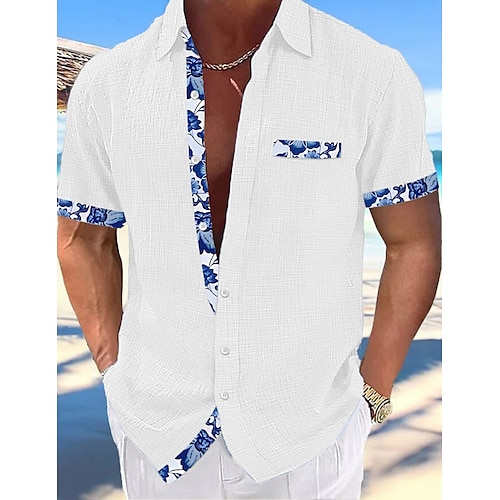 

Муж. Рубашка льняная рубашка Кнопка рубашка Летняя рубашка Пляжная рубашка Черный Белый Розовый С короткими рукавами Полотняное плетение Воротничок Лето Весна Повседневные Гавайский Одежда
