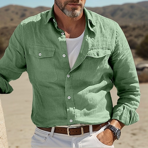 

Men's Shirt Linen Shirt Summer Shirt Beach Wear Button Up Shirt White Blue Green Long Sleeve Solid Color Fold-over Collar Street Daily Clothing Apparel Pocket