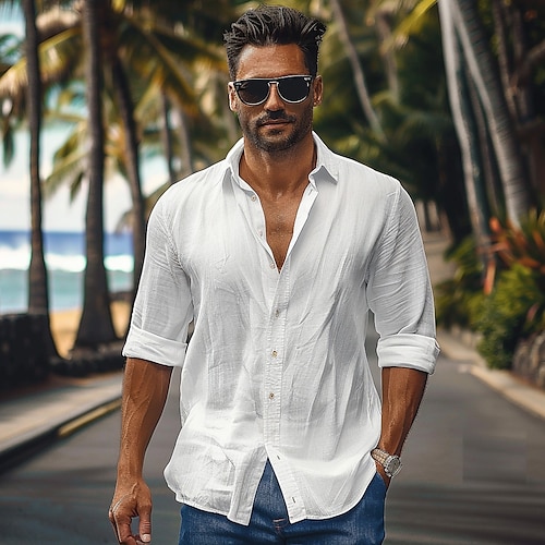 

Men's Shirt Cotton Linen Shirt White Blue Long Sleeve Solid Color Turndown Summer Spring & Fall Sports & Outdoor Causal Clothing Apparel Button