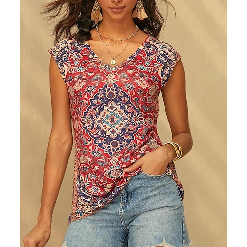 Top Canottiera da Donna Basic Stampa Senza Maniche Top Regolari V Neck Casual Rosso Blu Viola Verde