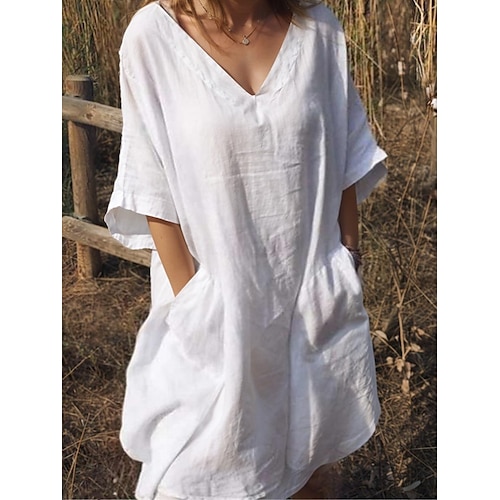 Femmes Noir Blanche Rouge Été Printemps Robe Midi Robes inspirées du lin Robe Blanche Robe Chemise Basique Moderne Quotidien Week-end Coupe Ample Uni Col en V