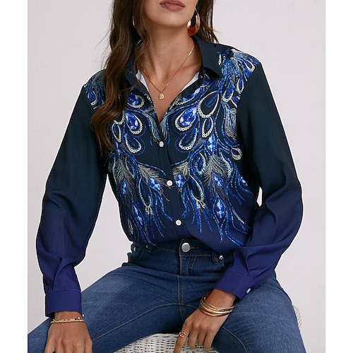 Camicia Donna Basic Giornaliera Stampa Bottoni Maniche Lunghe Top Regolari Collo Camicia Casual Blu Verde Autunno  Inverno