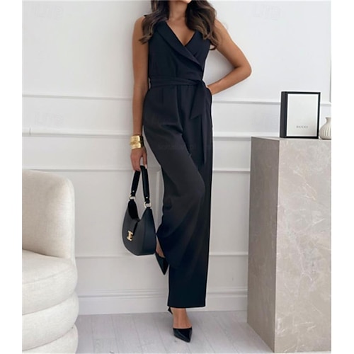 Femme Normal Combinaison Elégant Couleur unie Sans Manches Droite Col V Poche du quotidien Standard Noir Blanche Fuchsia Eté