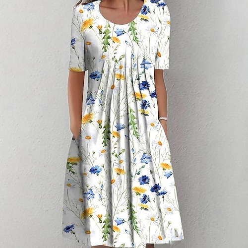 Robe Midi Femme Robe Décontractée Robe Shift Robe Florale Plissée Poche Col Rond Élégante Décontractée Quotidienne Vacances Manches Courtes Été Printemps