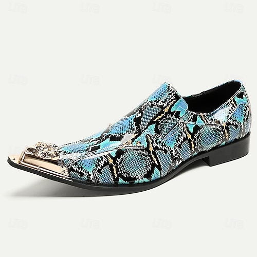  Kožené slip-on mokasíny s hadím potiskem pro muže - Stylové šaty s úzkou špičkou a kovovými špičkami