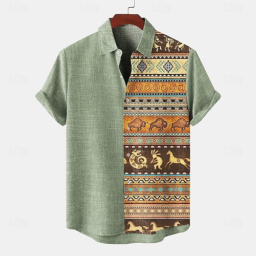  Férfi Ing vászon ing retro ingek Vintage ing Etnikai póló Törzsi Napi Medence Lóhere khakizöld Rövid ujjú Térfogatcsökkenés Nyár Tavasz Ruházat