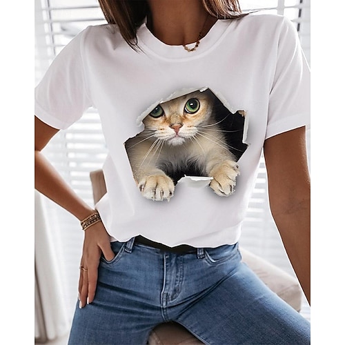 Dames T-shirt Grappig T-shirt Zwart Wit Grafisch Kat Afdrukken Korte mouw Casual Dagelijks Basic Ronde hals Normaal 100% katoen 3D Cat S