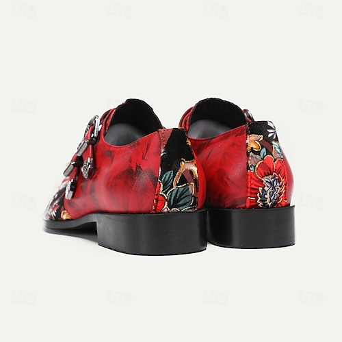  Men's Red Floral Embroidered Double Monk Strap Shoes with Metallic Toe Detail