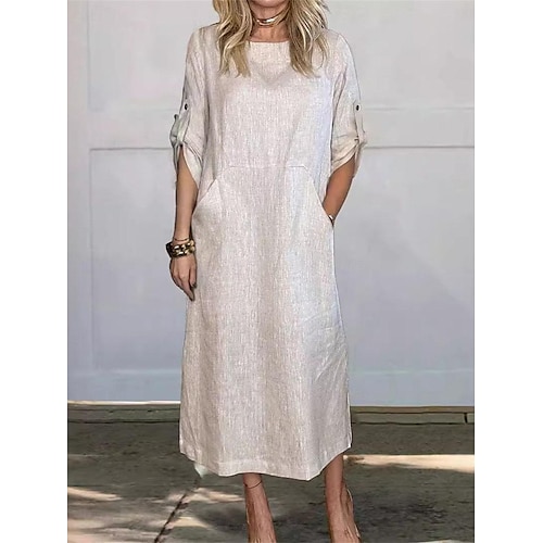 Femmes Noir Blanche Rouge Été Printemps Robe maxi Robe Blanche Robes en coton et lin Robe fourreau Basique Moderne Quotidien Week-end Coupe Ample Uni Col ras du cou