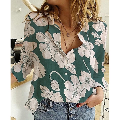 Femmes Chemise Chemises en coton et lin Boutonner Chemisier Fleuri Occasionnel manche longue Col de chemise Hauts Réguliers Vacances Quotidien Boutons Imprimé Noir Bleu Vert Printemps & Été
