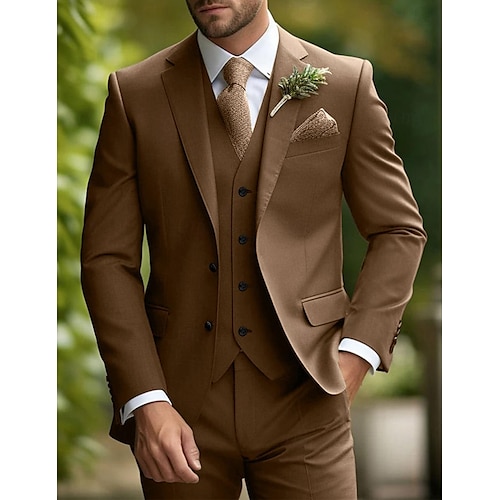 Uomo Matrimonio autunnale Completi Dentellato Borgogna Cachi Quotidiano Affari Tinta unita Vestibilità aderente 3 pezzi Monopetto Due Bottoni