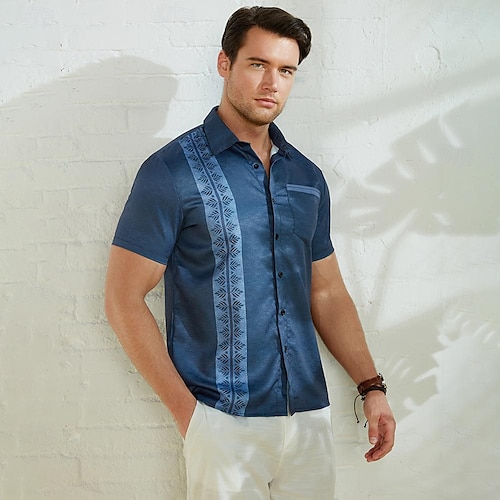  Voor heren Blad Etnisch Zomer overhemd Normaal shirt Overhemd met knopen Korte mouw Modieus Comfortabel Vakantie Dagelijks Feestdagen Zomer Revers Afdrukken Voorvak Rood blauw Groen Donkergrijs