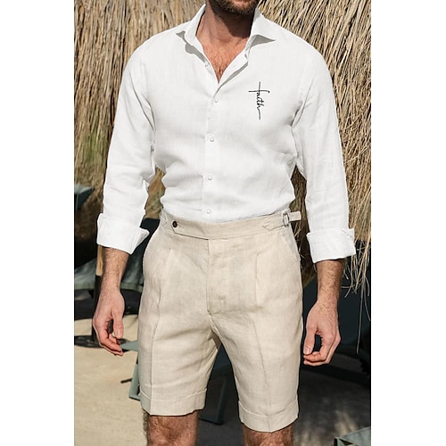  Per uomo Camicia Camicia bianca di cotone Camicia casual Camicia in cotone e lino Camicia di cotone Croce Vacanza Camicia hawaiana Nero Bianco Rosa Grigio Manica Lunga Bavero Primavera & Autunno