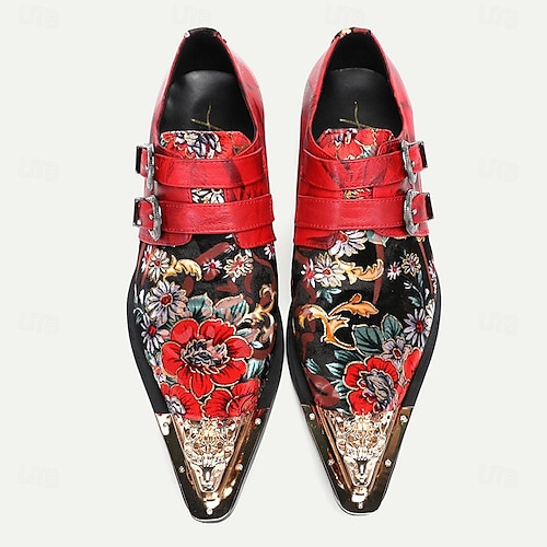  Men's Red Floral Embroidered Double Monk Strap Shoes with Metallic Toe Detail