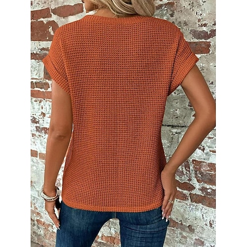  Damen Strickoberteil mit V-Ausschnitt, kurze Ärmel, elastisch, weich, gebranntes Orange, lässig, lockere Passform, vielseitige Frühlings- und Herbstkleidung