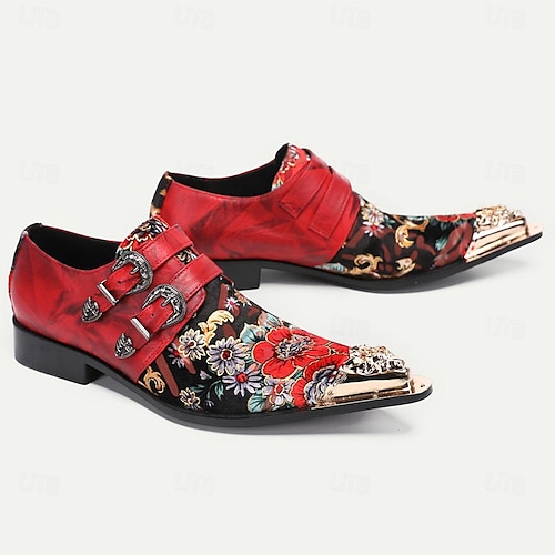  Men's Red Floral Embroidered Double Monk Strap Shoes with Metallic Toe Detail