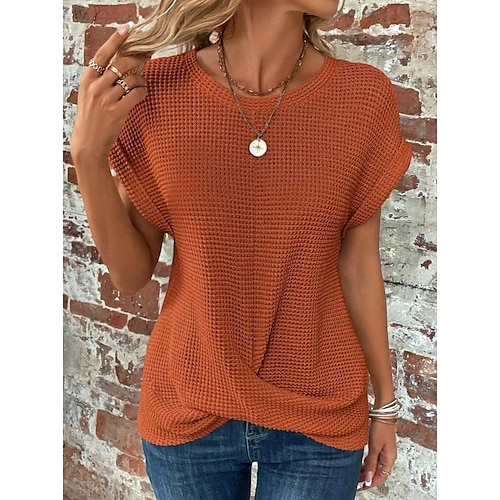  Damen Strickoberteil mit V-Ausschnitt, kurze Ärmel, elastisch, weich, gebranntes Orange, lässig, lockere Passform, vielseitige Frühlings- und Herbstkleidung