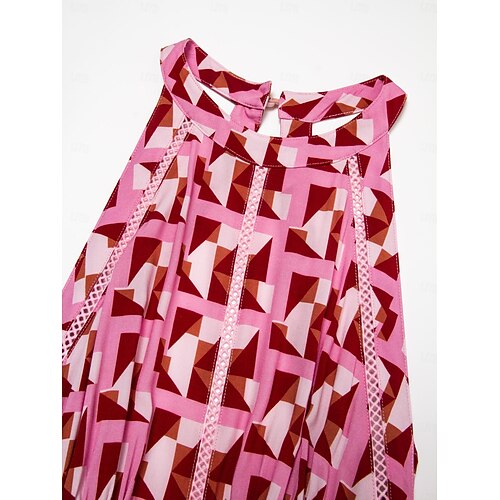  Mulheres Roupas de resort Vestido Longo Rosa Sem Manga Geométrico Guarnição do laço Primavera Verão Halter pescoço Elegante férias na praia S M L