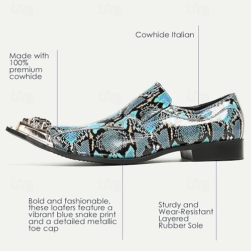  Kožené slip-on mokasíny s hadím potiskem pro muže - Stylové šaty s úzkou špičkou a kovovými špičkami