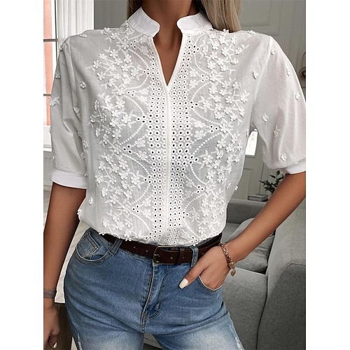 Damen Hemd Spitzenbluse Bluse Elegante Oberteile Öse Einfach Basic Modern V Ausschnitt Täglich Straße Weiß Sommer