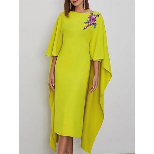 Robes Cocktail Fourreau Élégante Robe Formelle Invitée de Mariage Longueur Thé Manches Courtes Col Bijou Capes Crêpe Élastique avec Applications Robes