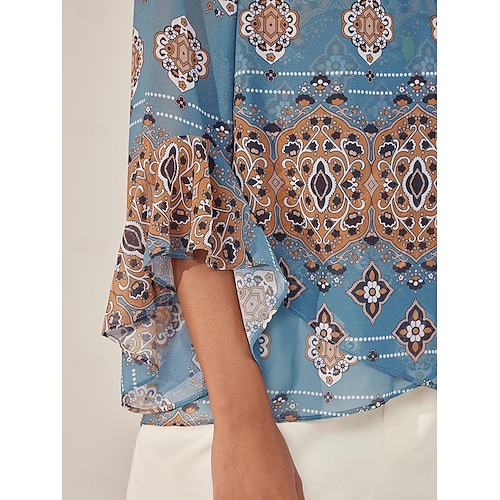  Per donna Blusa Grafico Elegante Manica 3/4 Manica a Campana Scollo a V Top Regolari Lavoro Volant Blu Estate Primavera Autunno