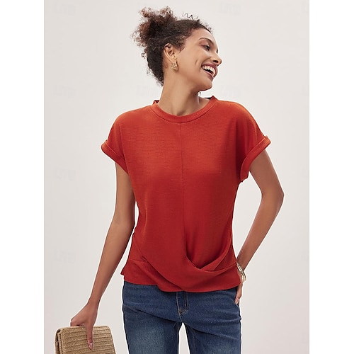  Damen Strickoberteil mit V-Ausschnitt, kurze Ärmel, elastisch, weich, gebranntes Orange, lässig, lockere Passform, vielseitige Frühlings- und Herbstkleidung