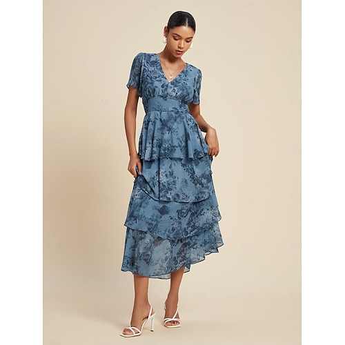  Navy Floral Chiffon Elastic Waist Dress