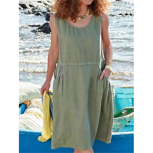 Femmes Vert militaire Été Printemps Robe Midi Robes inspirées du lin Robe Décontractée Robe débardeur Basique Moderne Occasionnel Quotidien Week-end Coupe Ample Uni Col ras du cou