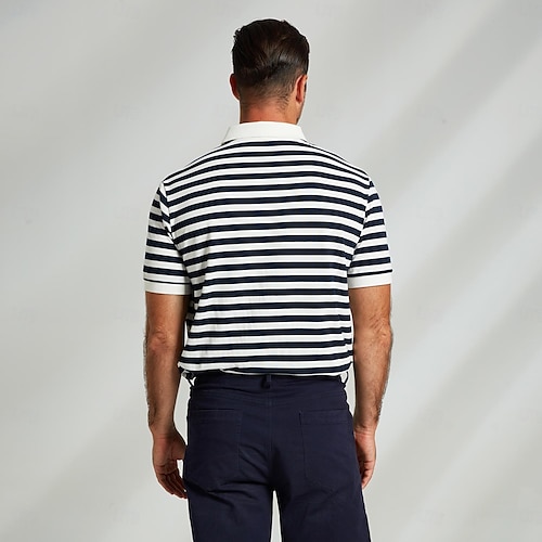  Men's Polo Knit Polo Sweater Business Casual Lapel Short Sleeve Fashion Modern Striped Button Summer Navy Blue Polo