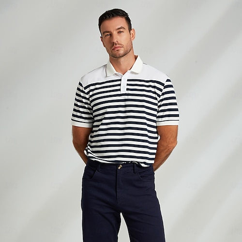  Men's Polo Knit Polo Sweater Business Casual Lapel Short Sleeve Fashion Modern Striped Button Summer Navy Blue Polo