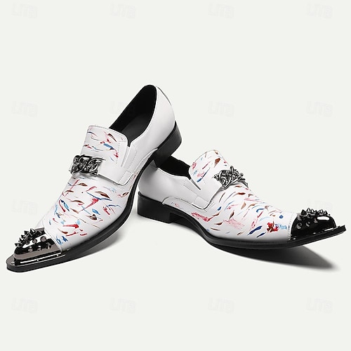  Men's Premium Cowhide Leather Punk Style Loafers - Artistic Print Slip-On Shoes with Decorative Buckle and Spiked Metal Toe Cap