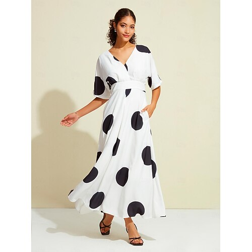  Damen Saum Maxi Satin-Maxi Maxidress Weiß Halbe Ärmel Punkt Raffhalter Versteckte Bundtasche Sommer Frühling & Herbst V Ausschnitt Casual S M L