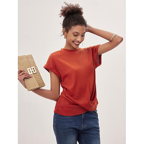  Damen Strickoberteil mit V-Ausschnitt, kurze Ärmel, elastisch, weich, gebranntes Orange, lässig, lockere Passform, vielseitige Frühlings- und Herbstkleidung