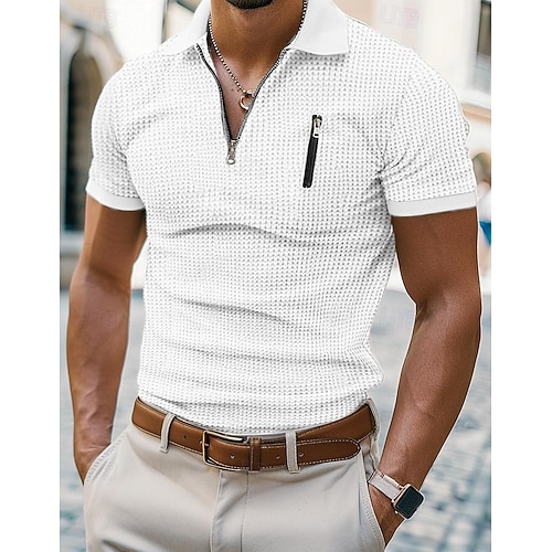 Men's Waffle Polo Shirts Zip Polo Casual Holiday Lapel Quarter Zip