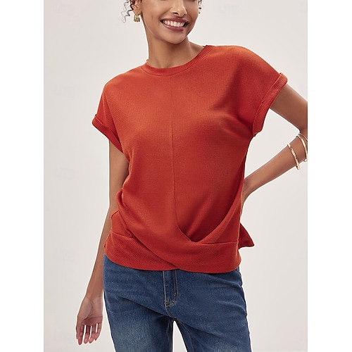 Damen Strickoberteil mit V-Ausschnitt, kurze Ärmel, elastisch, weich, gebranntes Orange, lässig, lockere Passform, vielseitige Frühlings- und Herbstkleidung