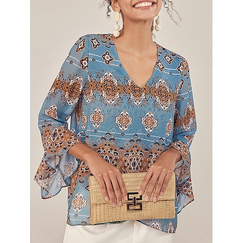  Per donna Blusa Grafico Elegante Manica 3/4 Manica a Campana Scollo a V Top Regolari Lavoro Volant Blu Estate Primavera Autunno